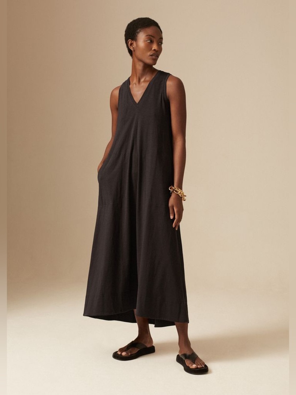 ME + EM V-Neck Slub Maxi Dress Black Cotton Size 2